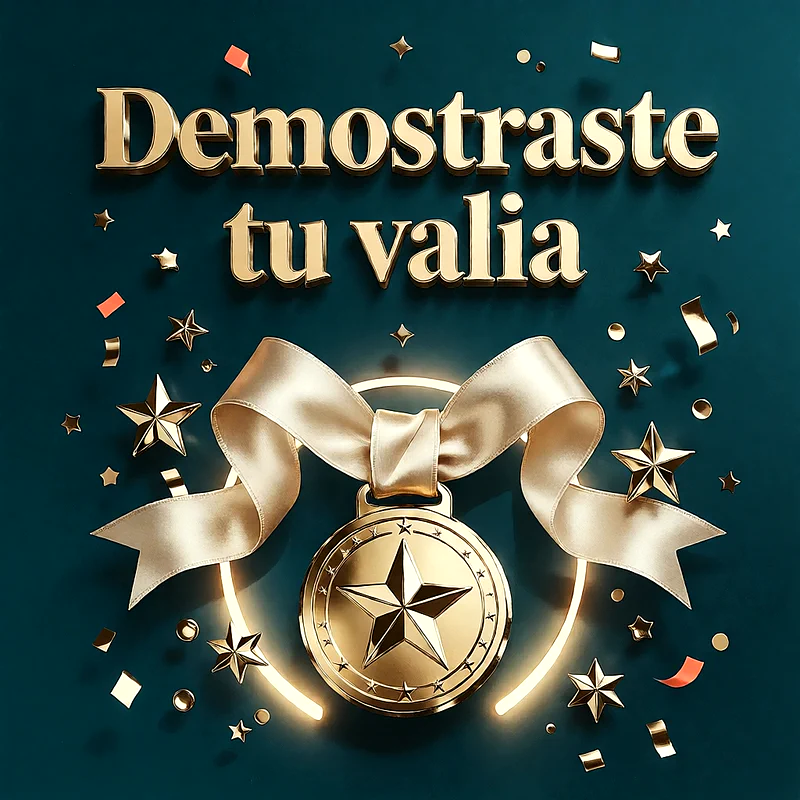 Medalla dorada con estrella central y un gran listón de satén sobre fondo verde oscuro, rodeada de estrellas brillantes y confeti flotante.