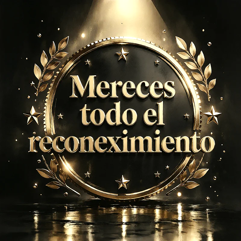 Medalla circular negra con borde dorado, hojas de laurel y estrellas brillantes, con un mensaje de felicitación en letras doradas.