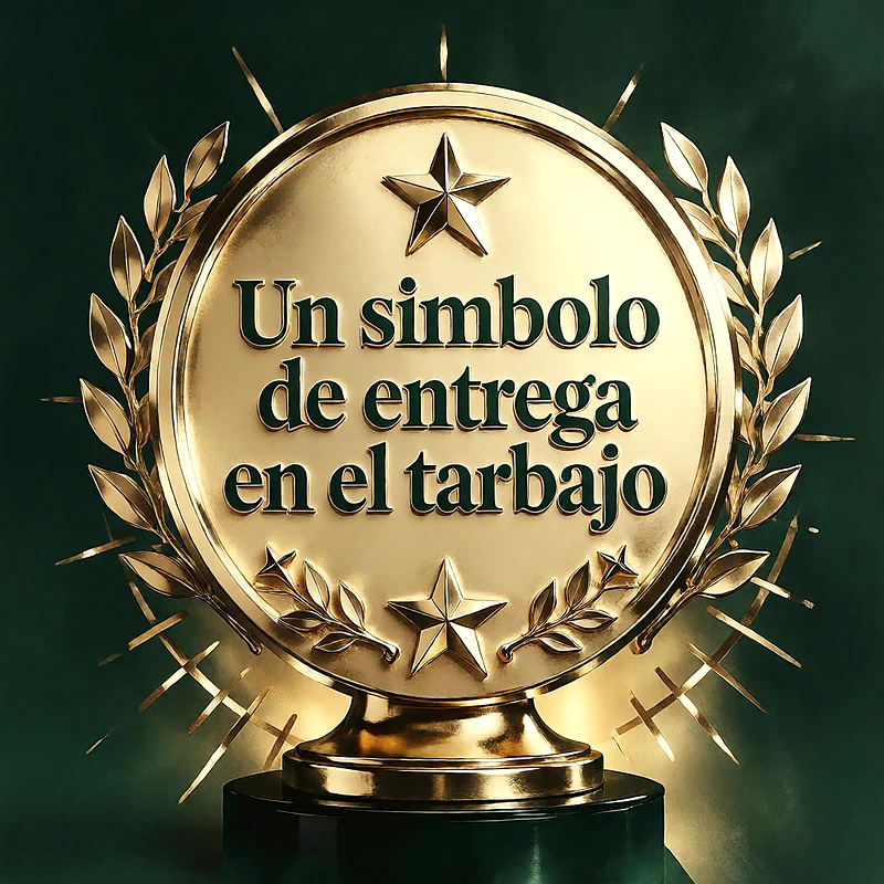 Medalla dorada circular sobre base oscura con ramas de laurel, estrellas brillantes y fondo verde oscuro con mensaje de reconocimiento laboral.