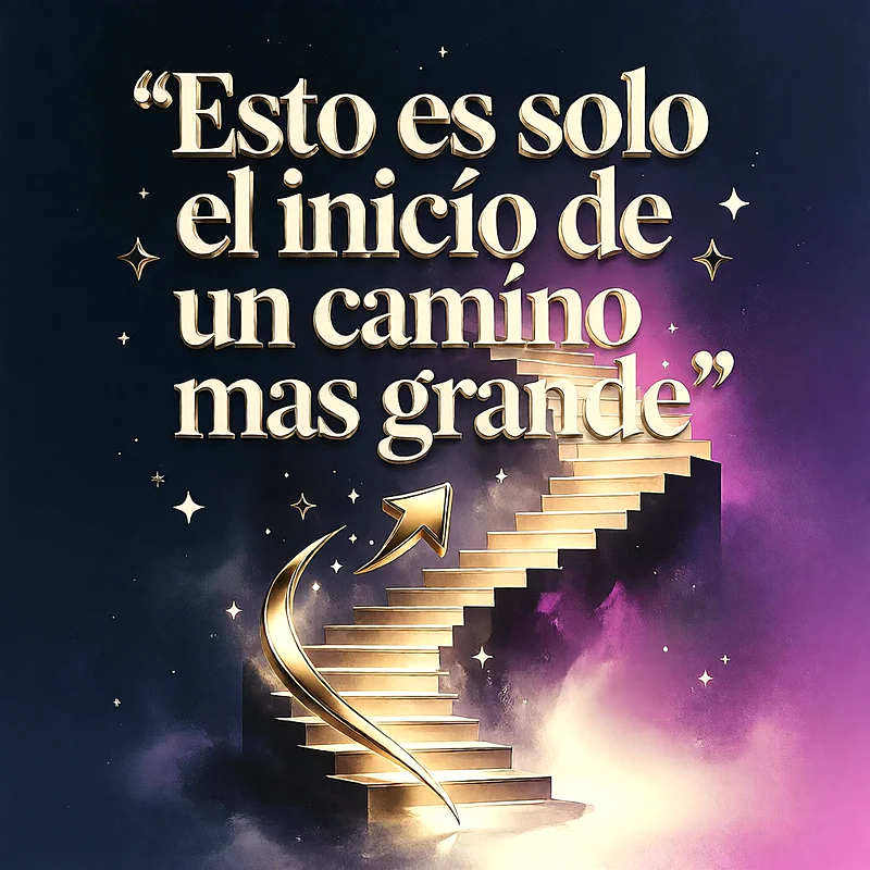 Escalera dorada que sube hacia un fondo oscuro con destellos púrpuras y estrellas, con un mensaje de felicitación en letras doradas.