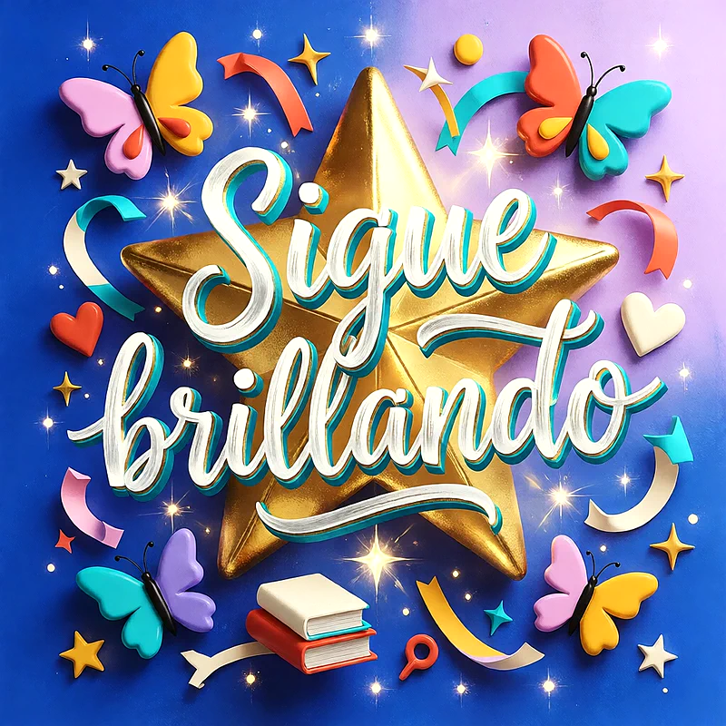 Estrella dorada grande con mariposas de colores, libros y corazones sobre fondo azul, con un mensaje de felicitación en letras blancas y celestes.