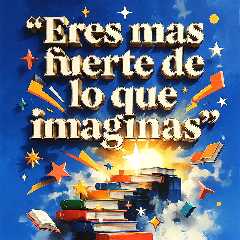 Pila de libros coloridos que forman una escalera hacia un cielo azul con estrellas y un mensaje de felicitacion en letras doradas.