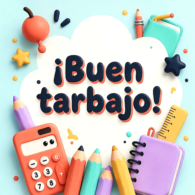 Útiles escolares en 3D como calculadora, lápices de colores, regla y libreta sobre fondo azul con un mensaje de felicitación en letras oscuras.