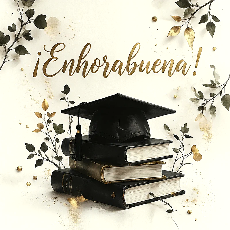 Birrete de graduación negro sobre una pila de libros antiguos, decorado con ramas y hojas doradas, mensaje de felicitación en letras elegantes sobre fondo claro.