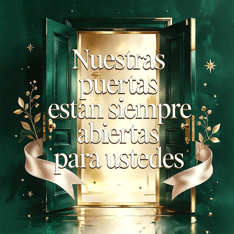 Puertas verdes abiertas con fondo luminoso dorado, ramas decorativas, cinta clara y mensaje de bienvenida en letras doradas.