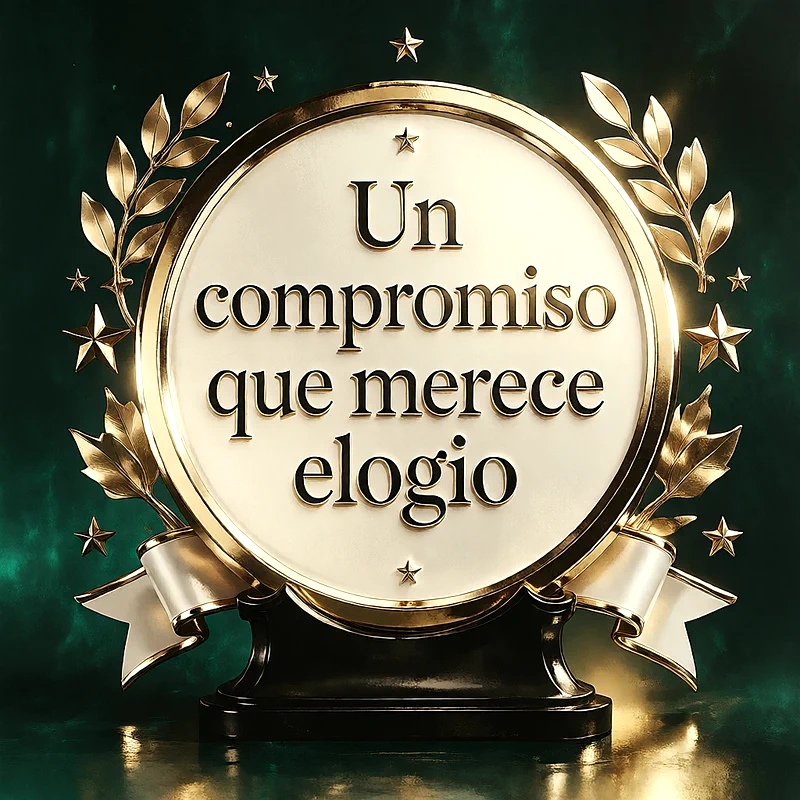 Medalla circular dorada con ramas de laurel y estrellas a los lados, sobre fondo verde oscuro, con un mensaje de felicitación en letras doradas.