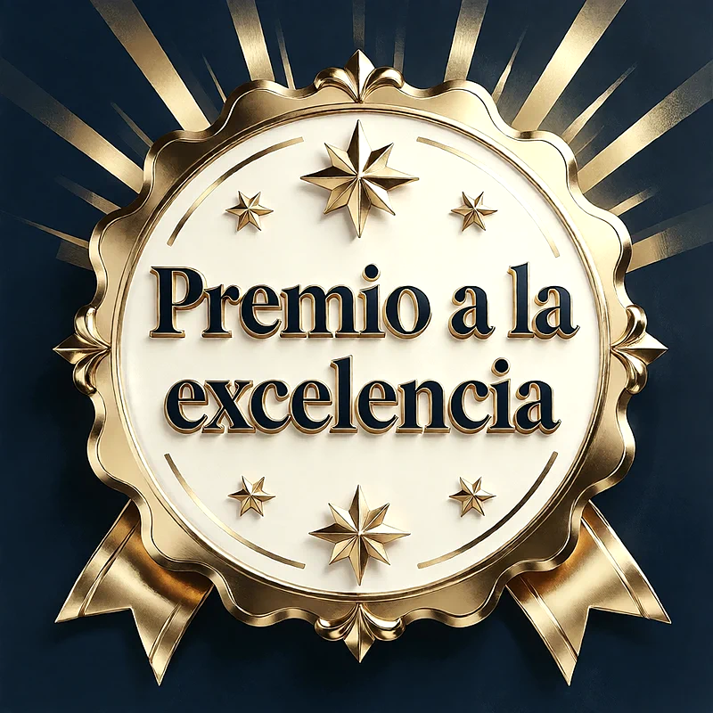 Medalla dorada con forma de sello y cintas sobre fondo azul oscuro, decorada con estrellas y un mensaje de felicitación en letras oscuras.