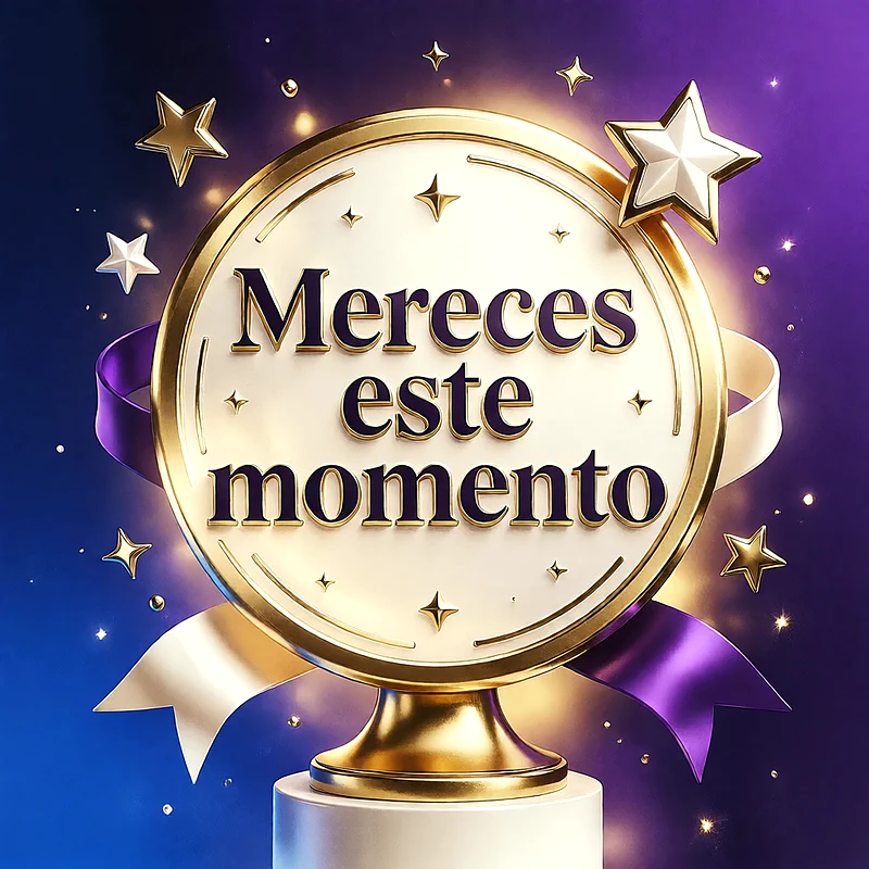 Medalla dorada sobre pedestal con lazos morados, estrellas brillantes y fondo azul con mensaje de felicitación en letras oscuras.