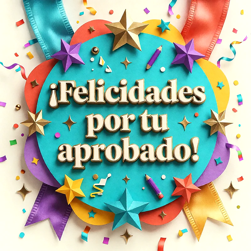 Diseño circular azul con estrellas de colores, lápices pequeños y cintas decorativas, con un mensaje de felicitación en letras blancas y doradas.