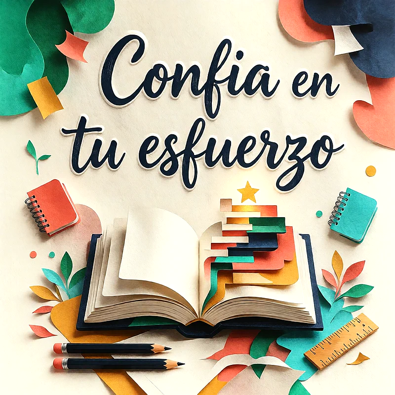 Libro abierto con escalones de papel de colores, lápices, cuadernos y mensaje de ánimo en letras oscuras sobre fondo claro.