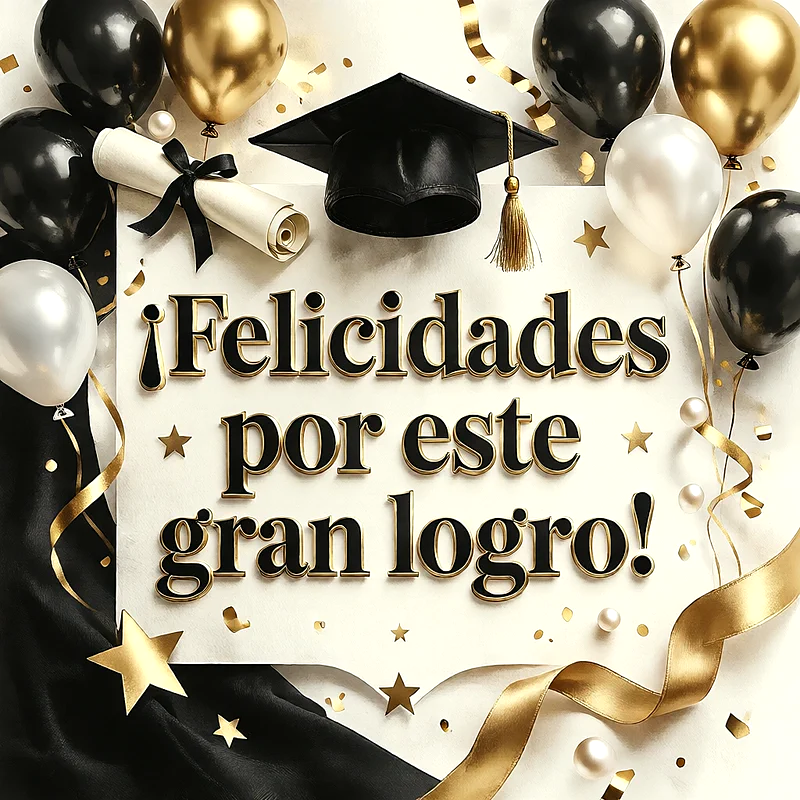 Birrete negro con borla dorada, diploma enrollado, globos negros, blancos y dorados con serpentinas sobre fondo claro y mensaje de felicitación en letras oscuras con borde dorado.