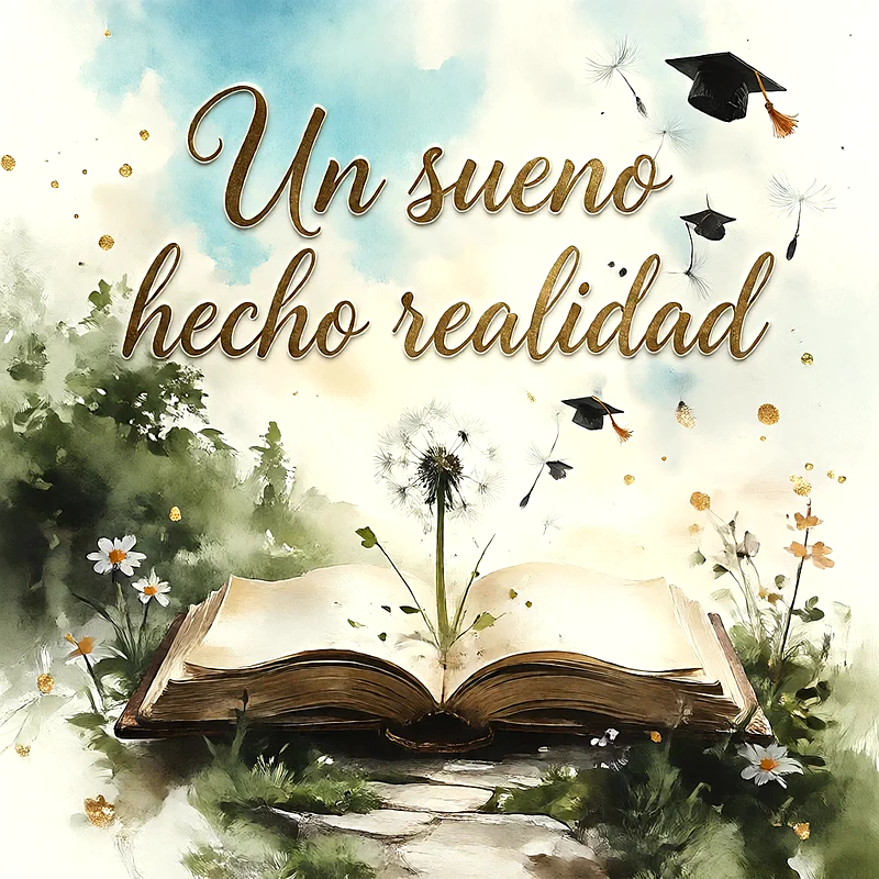 Libro abierto en un sendero natural con un diente de león, birretes volando en el cielo y mensaje de felicitación dorado.