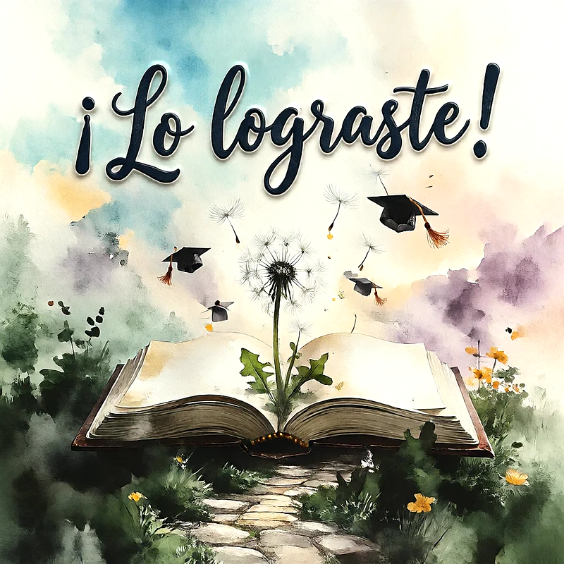 Libro abierto estilo acuarela en un camino de piedras con un diente de león, birretes volando y mensaje de felicitación en letras oscuras.