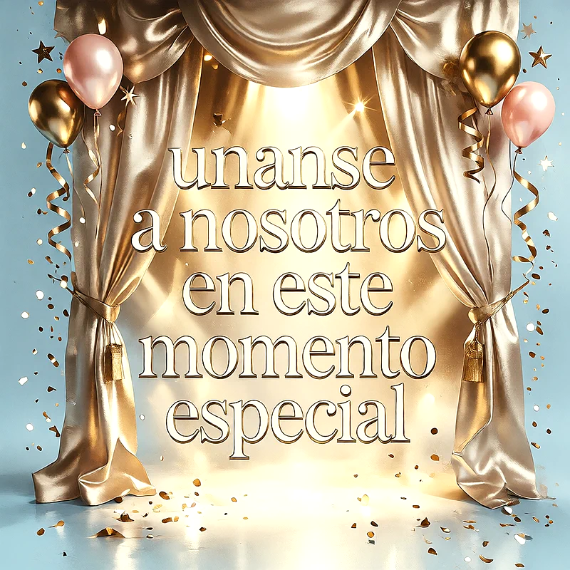Cortinas doradas de seda con globos rosas y dorados, estrellas brillantes y confeti sobre fondo azul con un mensaje de felicitación en letras doradas.