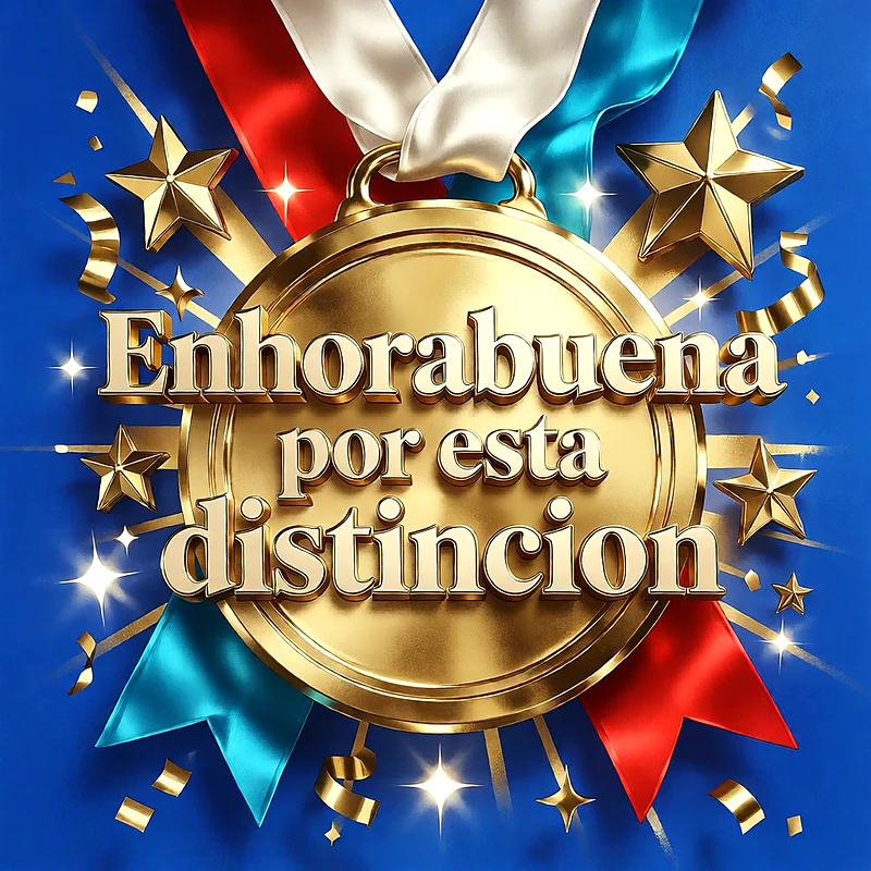 Medalla de oro con cintas tricolores, estrellas doradas y confeti brillante sobre un fondo azul con un mensaje de felicitación en letras doradas.