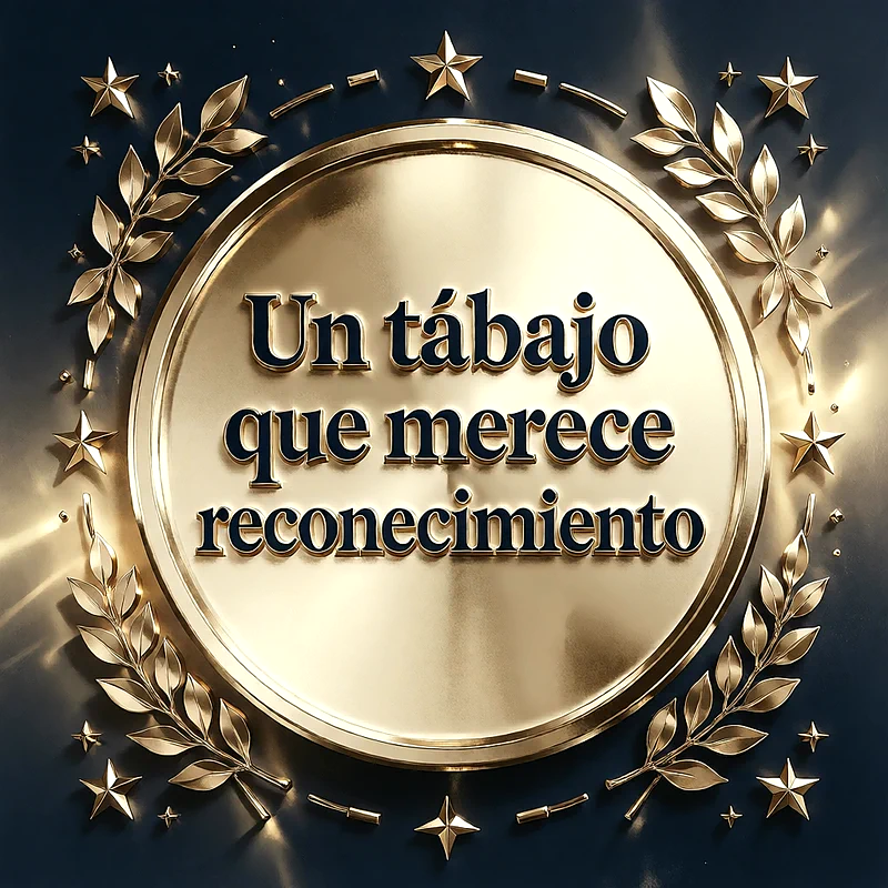 Medalla redonda de oro rodeada de hojas de laurel y estrellas doradas sobre un fondo oscuro, con un mensaje de felicitacion en letras oscuras.