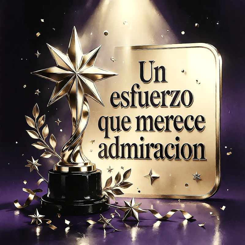 Trofeo dorado con forma de estrella de muchas puntas y placa dorada sobre fondo morado oscuro con confeti y destellos.