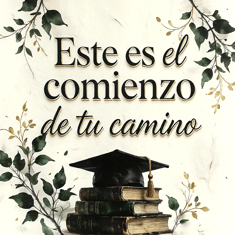 Birrete de graduación sobre una pila de libros antiguos, rodeado de ramas decorativas con hojas verdes sobre fondo claro, con un mensaje de felicitación en letras oscuras.
