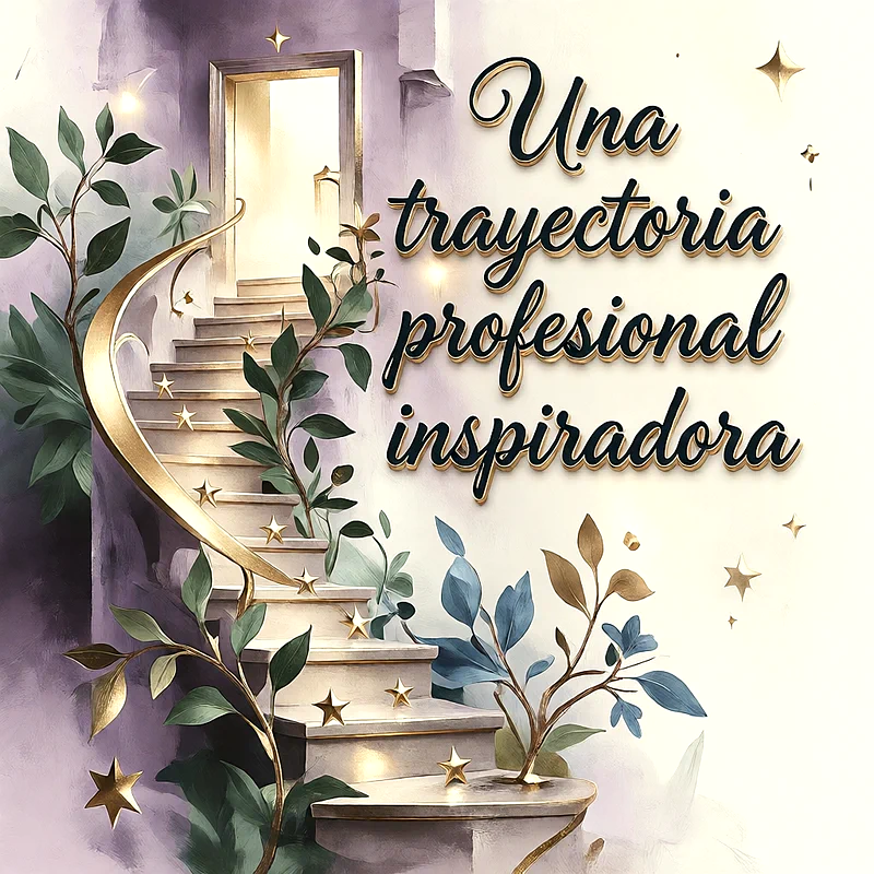 Escalera de caracol que sube hacia una puerta abierta iluminada, decorada con hojas verdes, estrellas doradas y un mensaje de felicitación en letras oscuras.