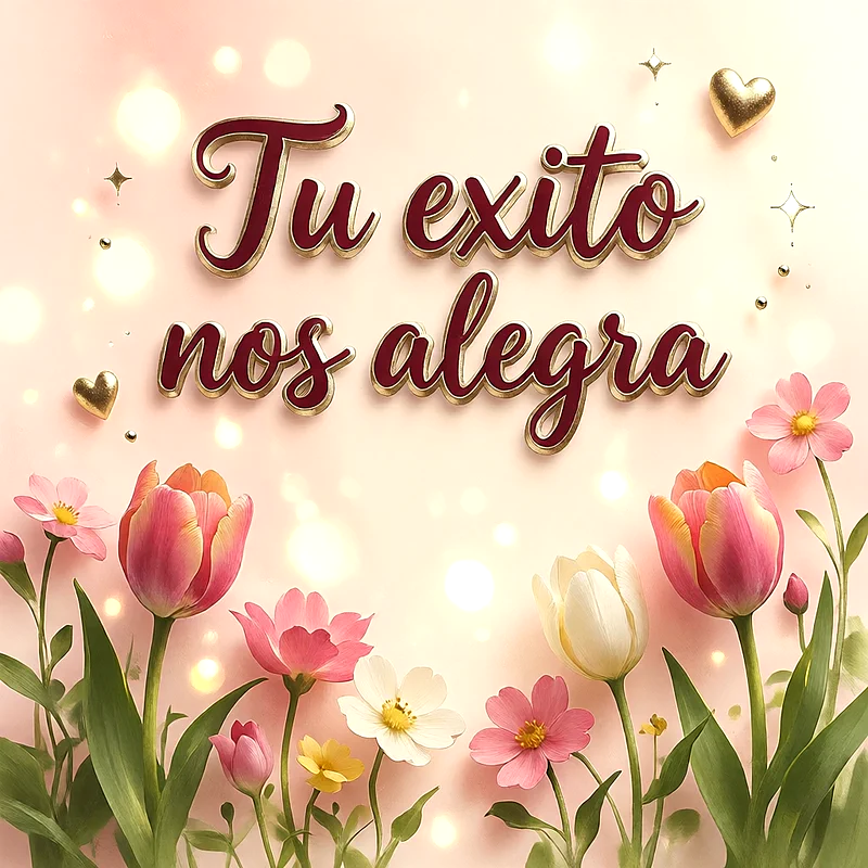 Flores silvestres y tulipanes en tonos rosa y blanco sobre fondo pastel iluminado, con corazones dorados y mensaje de felicitación en letras rojas con borde dorado.