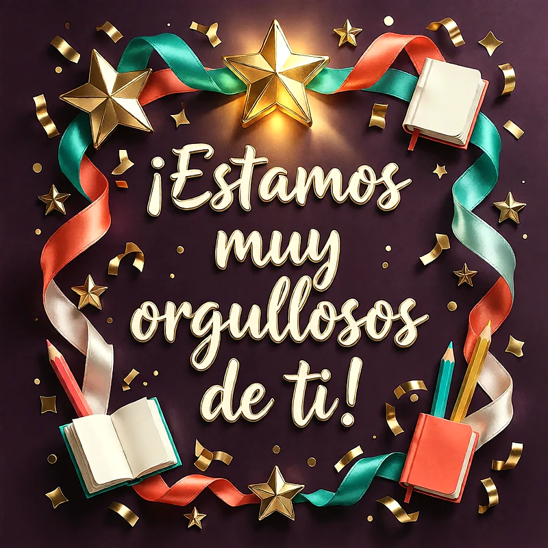 Libros abiertos, lápices de colores y estrellas doradas sobre fondo oscuro con un mensaje de felicitación en letras doradas y cintas de colores.