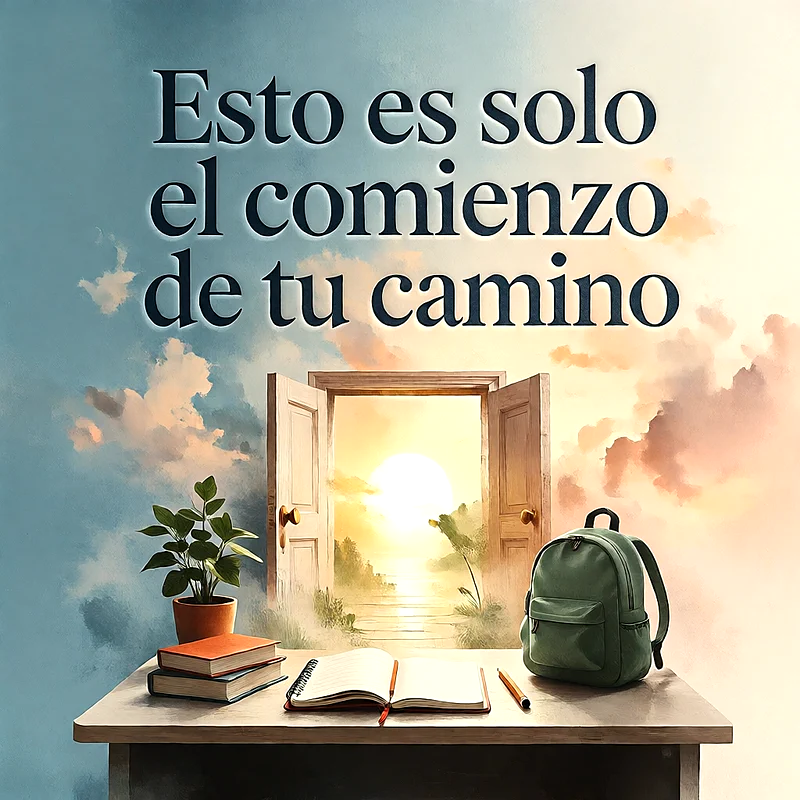 Escritorio con libros, una planta pequeña y una mochila frente a una puerta abierta que muestra un paisaje iluminado por el sol, mensaje en letras oscuras.