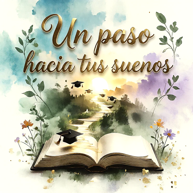 Libro abierto con un birrete flotando, birretes volando hacia el horizonte y flores silvestres en estilo acuarela con letras doradas.