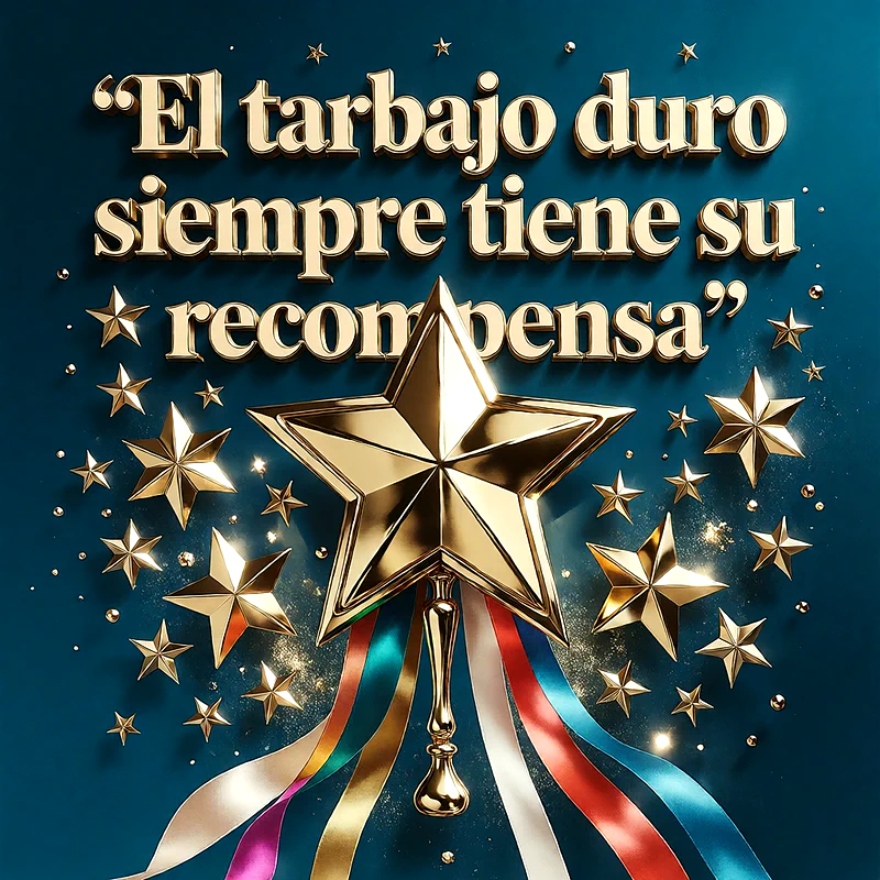 Ilustración de una estrella dorada grande con cintas de colores y estrellas pequeñas sobre un fondo azul oscuro, con un mensaje de felicitación en letras doradas.