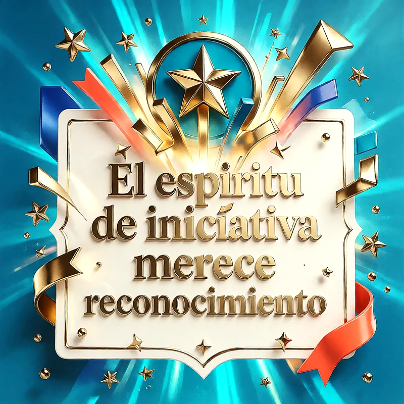 Placa con mensaje de felicitación en letras doradas, decorada con una gran estrella dorada, cintas y confeti sobre un fondo azul brillante con rayos de luz.
