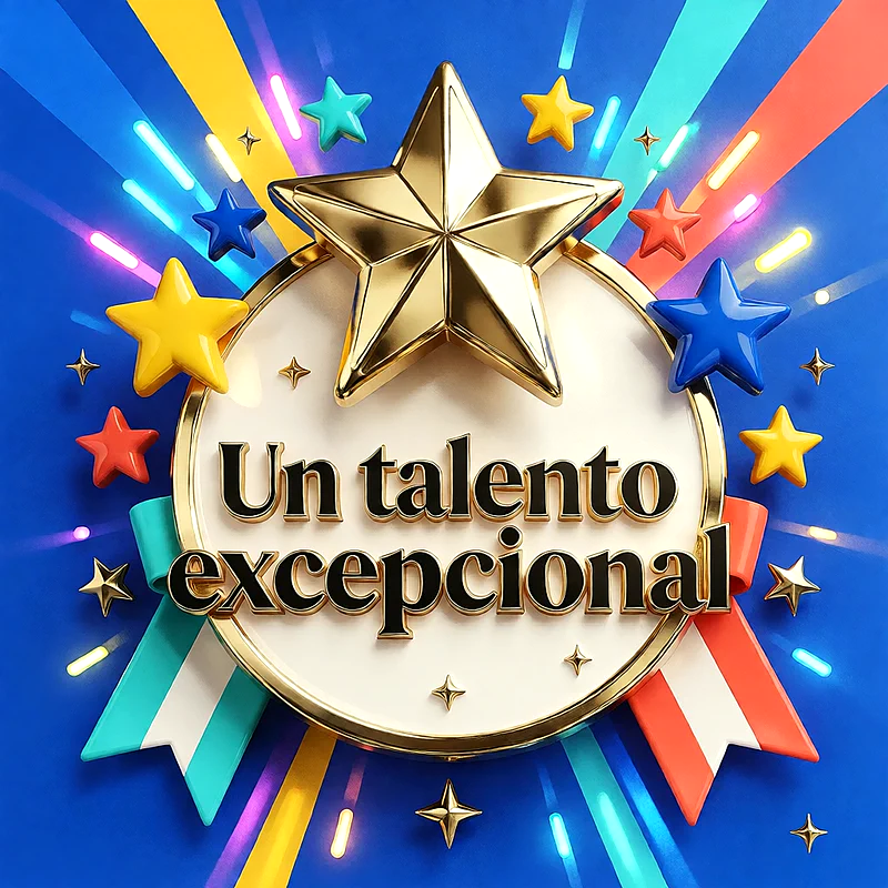 Medalla circular con estrella dorada grande en la parte superior, rodeada de estrellas pequeñas de colores y cintas sobre un fondo azul, mensaje con letras doradas.
