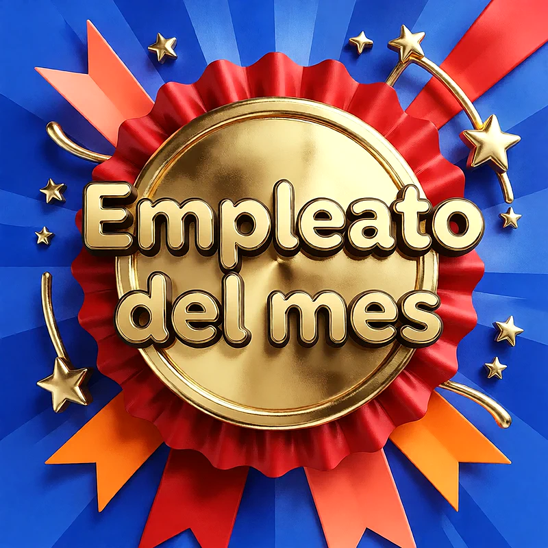 Medalla dorada con borde rojo y cintas naranjas sobre fondo azul con estrellas doradas y mensaje de reconocimiento.