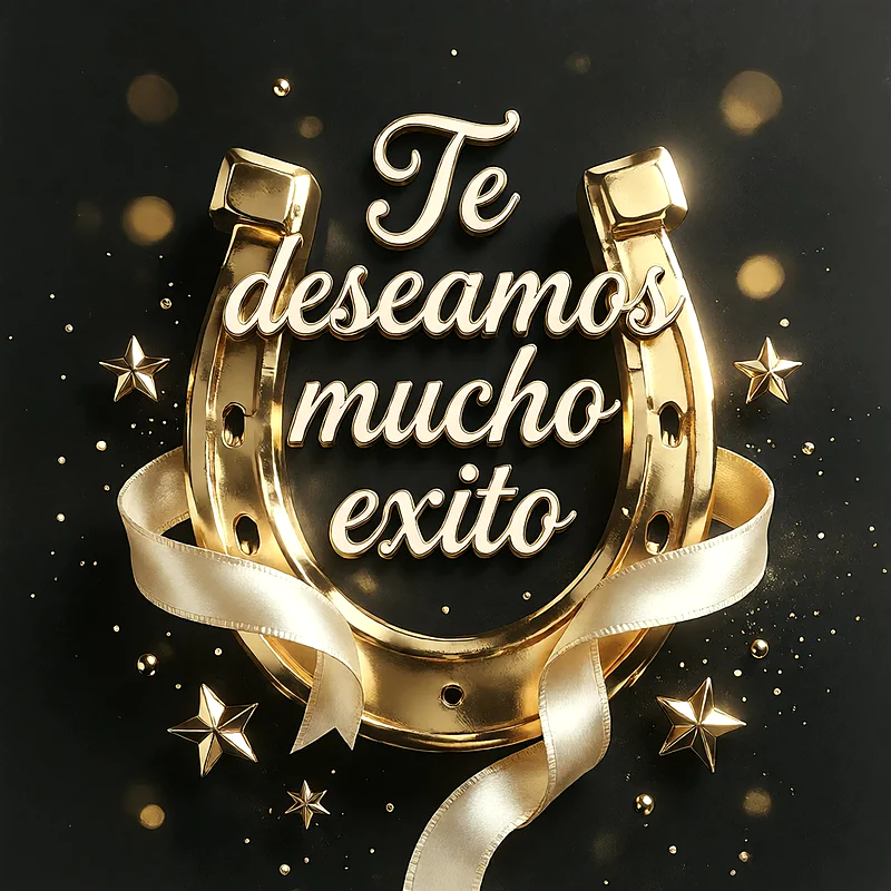 Imagen de felicitación con herradura dorada, estrellas metálicas, cinta crema y fondo negro con destellos suaves, texto en letras doradas.
