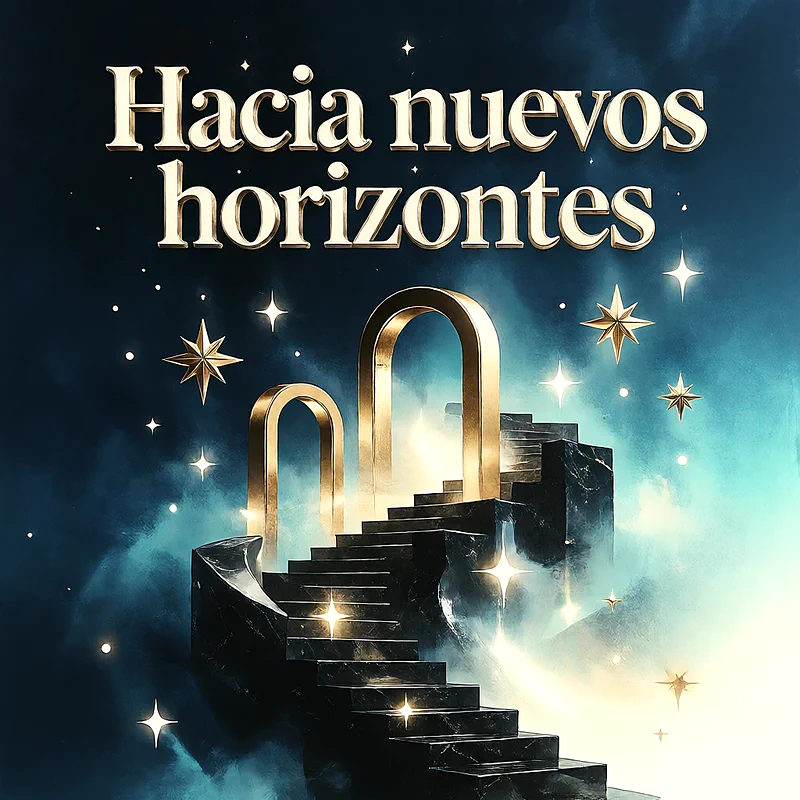Escalera de piedra oscura ascendiendo hacia arcos dorados brillantes sobre un fondo de cielo azul estrellado, mensaje de felicitación en letras doradas elegantes para logros profesionales.