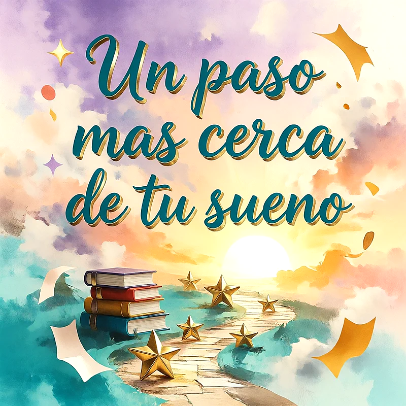 Libros apilados junto a un camino que conduce al sol, decorado con estrellas doradas y un cielo colorido, mensaje de felicitación en letras de color azul oscuro.