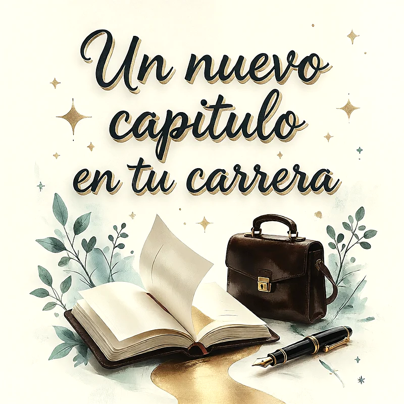 Un libro abierto, un maletín de cuero marrón y una pluma estilográfica sobre fondo beige con destellos dorados y texto de felicitación.