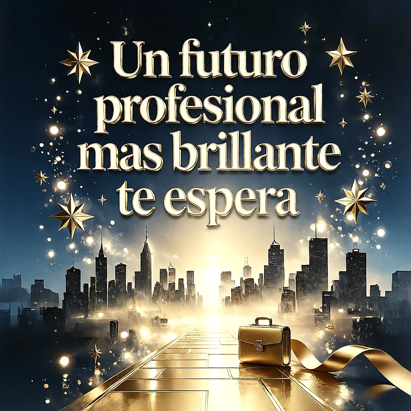 Paisaje urbano con camino dorado hacia el horizonte, un maletín de negocios, estrellas brillantes y luces festivas, con un mensaje de felicitación en letras doradas elegantes.