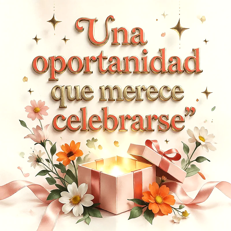 Caja de regalo abierta con luz brillante en el interior, decorada con flores coloridas, cintas y estrellas sobre fondo claro, mensaje de felicitación en letras doradas.
