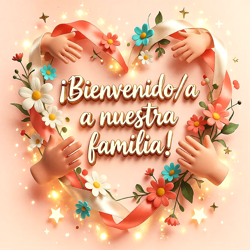 Cinta rosa en forma de corazón rodeada de pequeñas manos, flores de colores y estrellas brillantes sobre un fondo rosa suave.