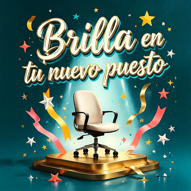 Silla de oficina sobre una plataforma dorada en un fondo turquesa oscuro, decorada con estrellas brillantes y cintas festivas, mensaje de felicitación en letras doradas con relieve.