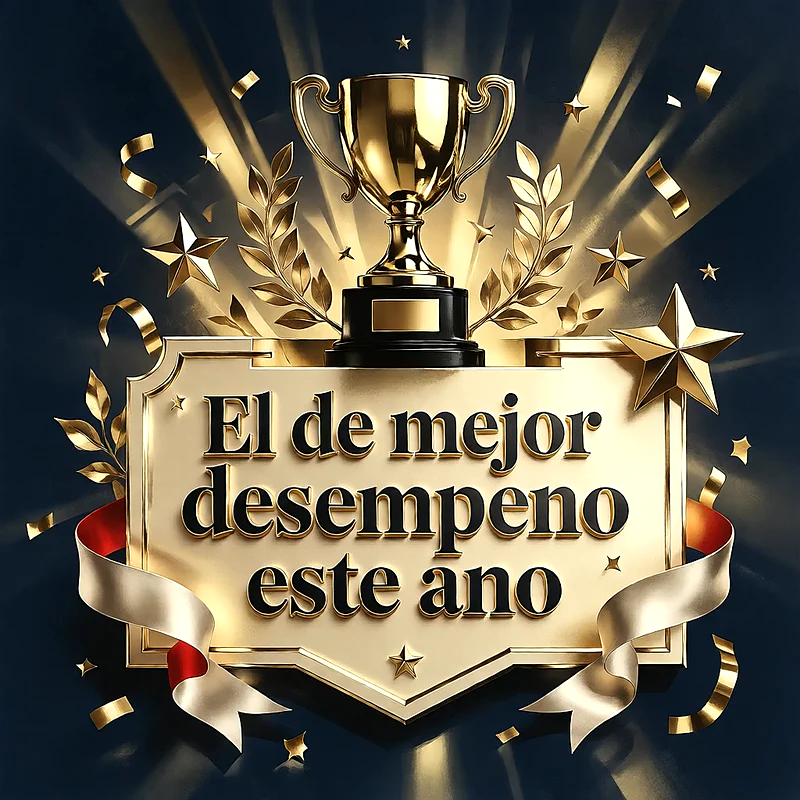 Trofeo dorado brillante sobre un marco de metal con estrellas, confeti y un mensaje de felicitación en letras oscuras.