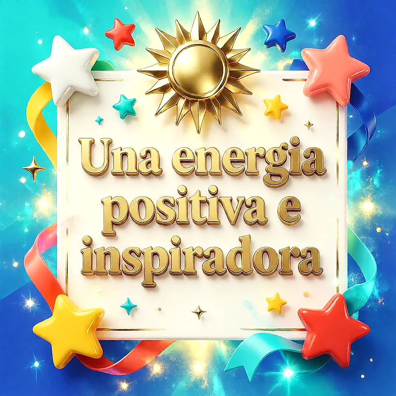 Placa con mensaje de felicitación rodeada de estrellas tridimensionales coloridas y un sol dorado sobre un fondo azul brillante, con cintas decorativas y destellos de luz.