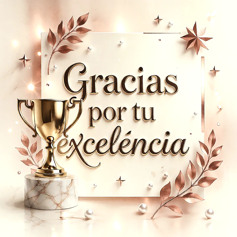 Trofeo dorado sobre base de mármol con hojas de laurel cobrizas, perlas y un mensaje de felicitación en letras doradas sobre fondo claro.