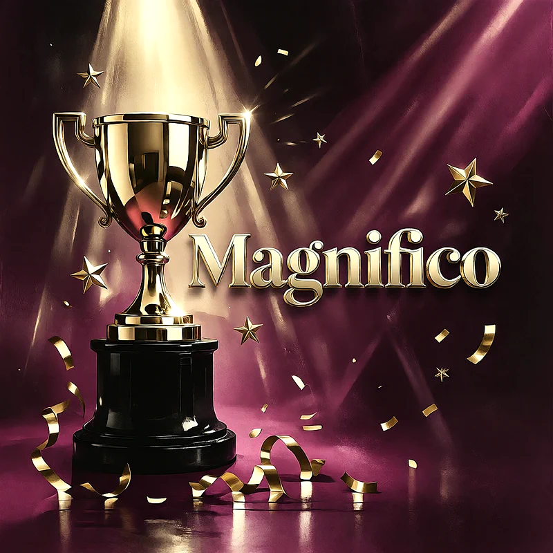 Trofeo dorado iluminado por un reflector sobre fondo púrpura, rodeado de estrellas y cintas doradas con un mensaje de felicitación en letras doradas.