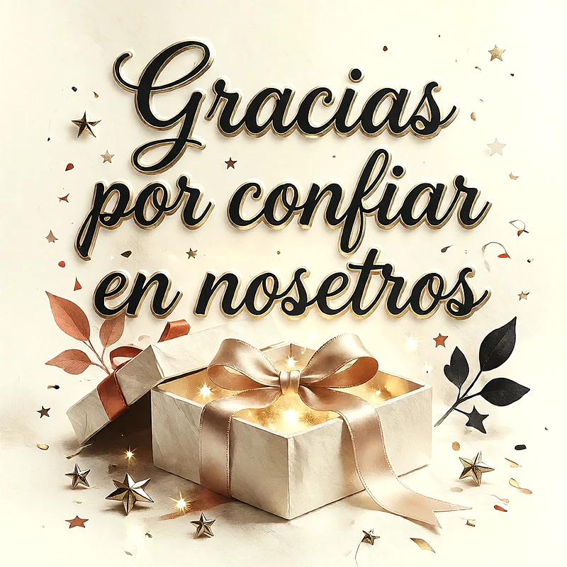 Caja de regalo abierta con lazo dorado y luces interiores rodeada de estrellas y hojas con mensaje de agradecimiento en letras oscuras.