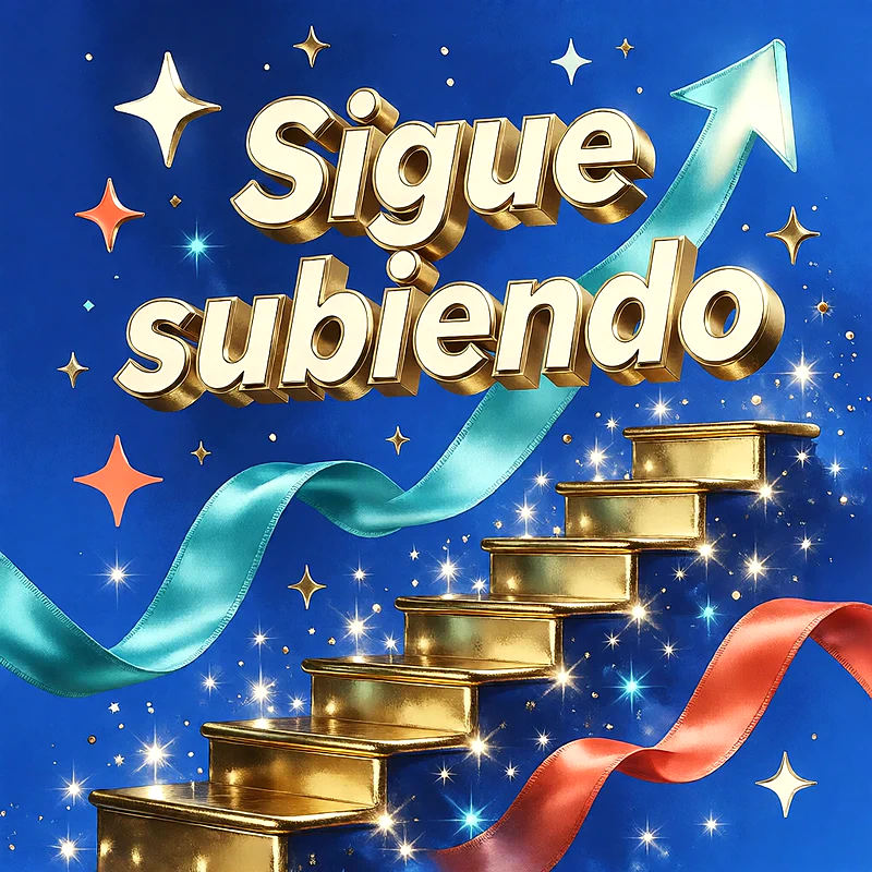 Escaleras doradas brillantes que ascienden sobre un fondo azul, decoradas con una cinta turquesa y estrellas brillantes, mensaje de felicitación en letras doradas en la parte superior.