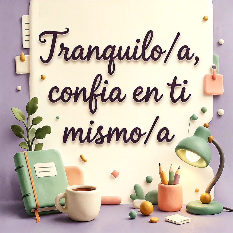 Escritorio de estudio con una lámpara encendida, cuaderno verde, taza de café y lápices sobre fondo lila con un mensaje motivador en letras oscuras.