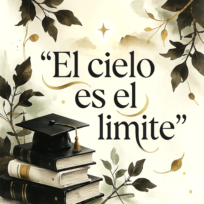 Birrete negro sobre una pila de libros con hojas doradas y verdes alrededor, mensaje de felicitación en letras oscuras.