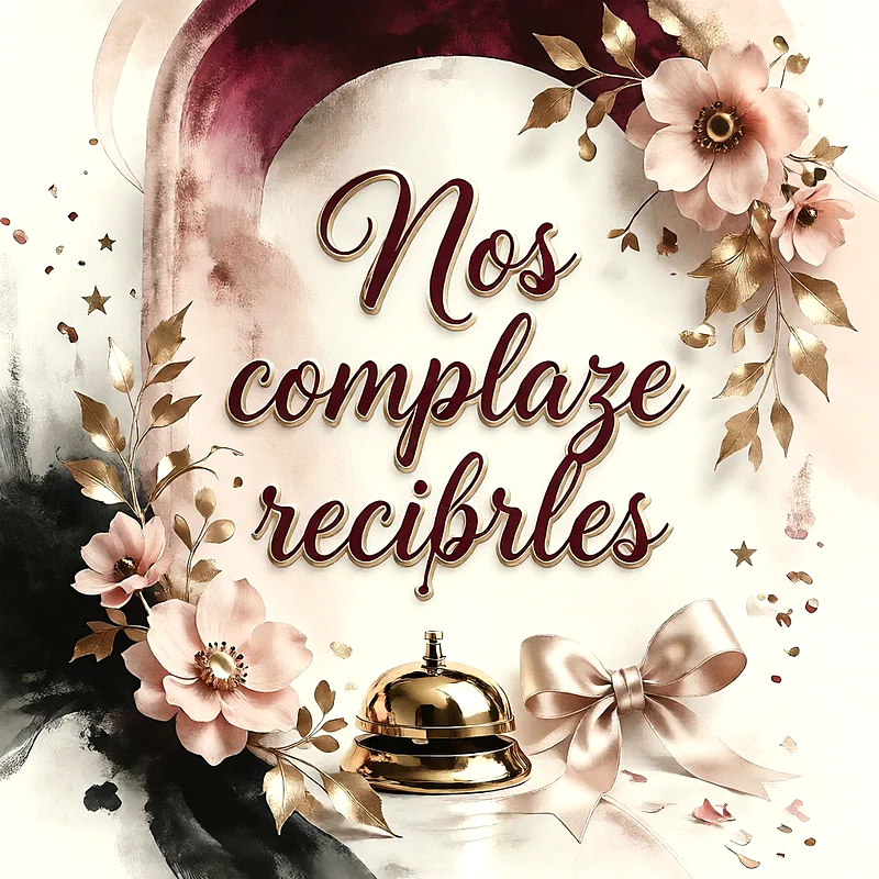 Timbre de recepción dorado con flores rosadas, hojas doradas, un lazo brillante y un mensaje de felicitación en letras de color vino.