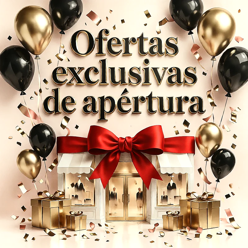 Fachada de tienda decorada con un gran lazo rojo, globos negros y dorados, cajas de regalo y confeti brillante sobre fondo claro.