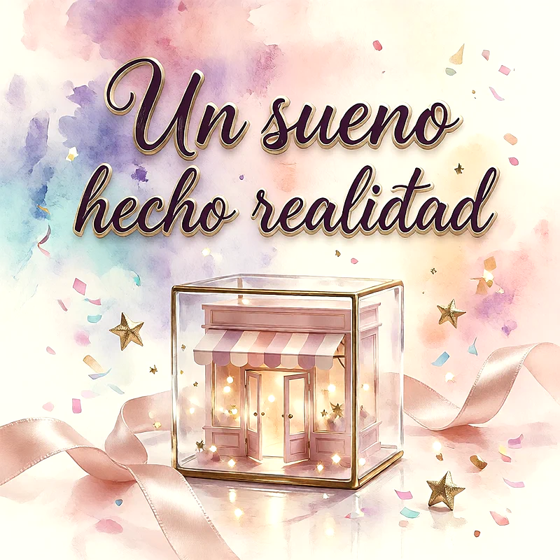 Tienda en miniatura dentro de una caja de cristal con luces, cintas rosadas, confeti y mensaje de felicitación en letras oscuras.